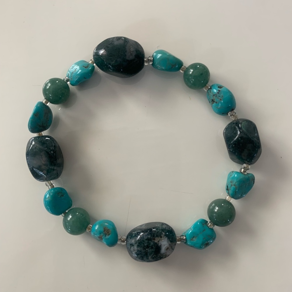 Genuine Turquoise & Aventurine sterling silver stretch bracelet